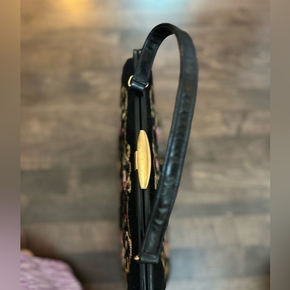 Vintage Tapestry Carpet Bag Purse Leather Trim Handle Large Floral Rare 1950s - Picture 7 of 13